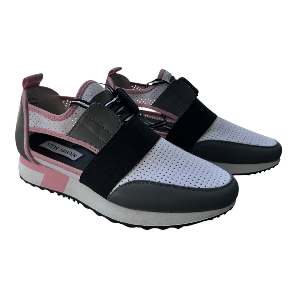 Steve Madden Sneakers Womens Grey White Pink Excellent Perforated Cut Out‎ Strap
